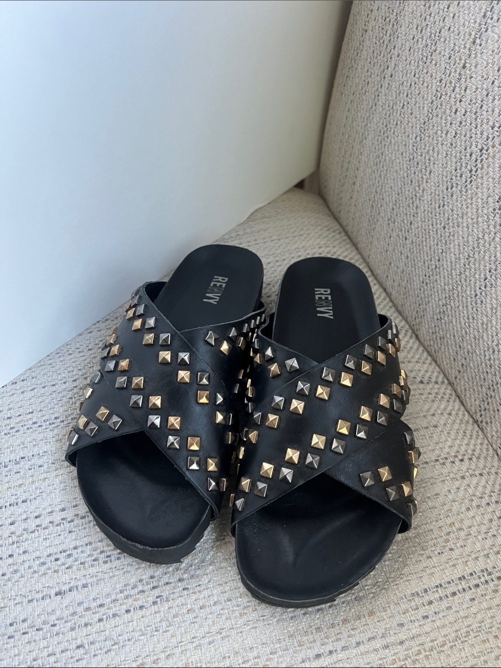 Black Studded Crossband Slide Sandals